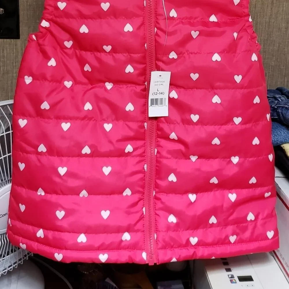 Girls Pink Lightweight Hooded Vest w/ White Hearts Sz L (12-14)